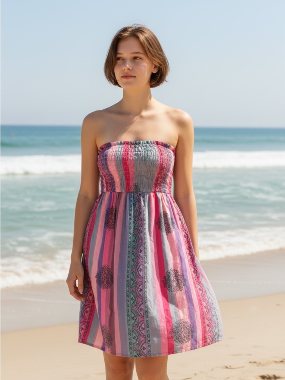 Vintage O’Neill Strapless Pink Multicolor Smocked Sundress